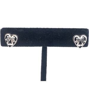 Silver Tone Heart Bow Stud Earrings Small Dainty Pierced 3/8"